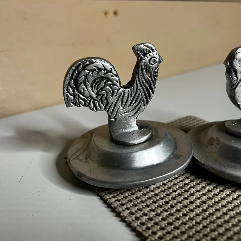 Vintage Farmhouse Cast Metal Rooster Pot Lid Knobs Silver Tone Finials Set of 2